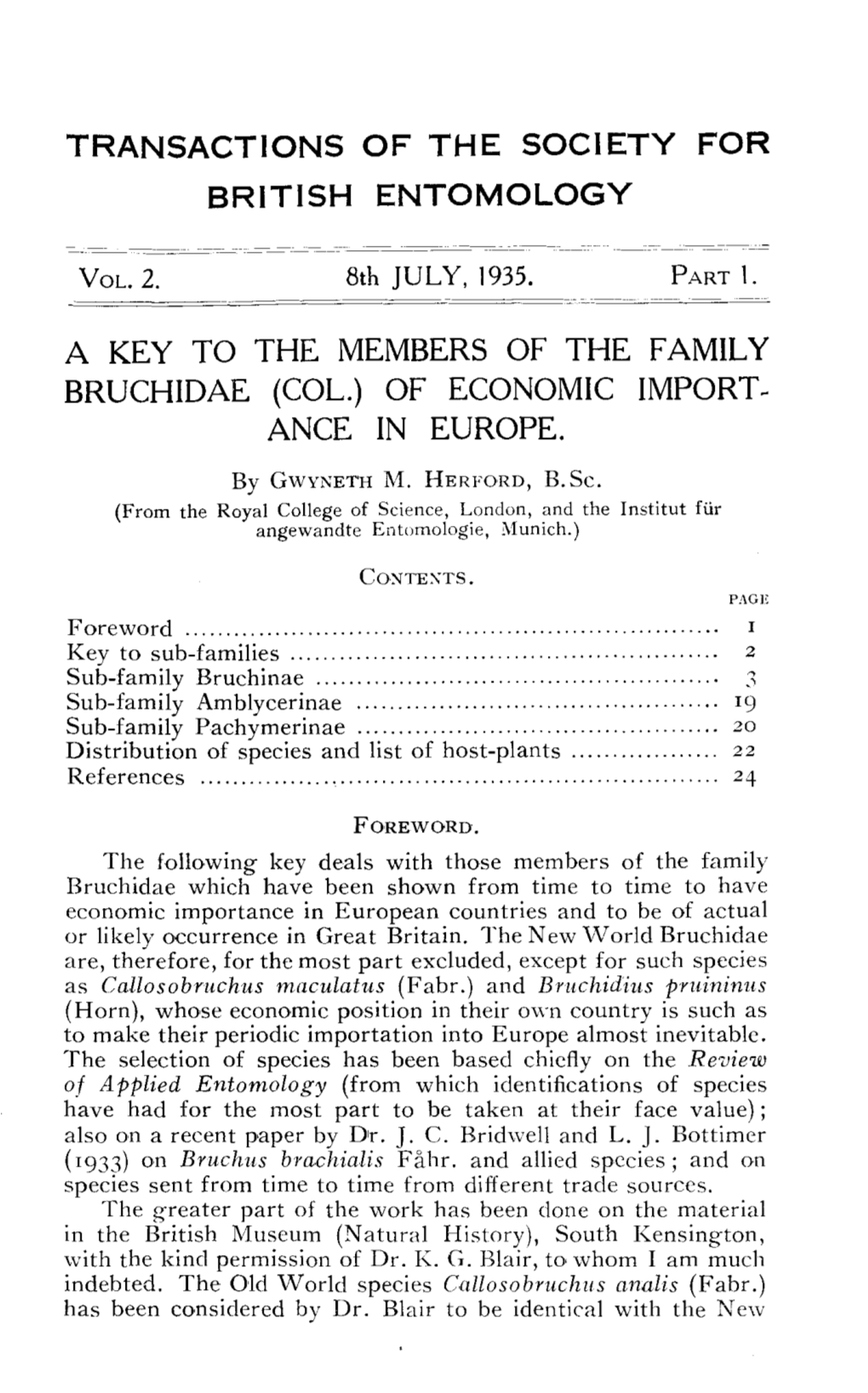 A Key to the Members of the Family Bruchidae (Col.) of Economic Import~ Ance in Europe