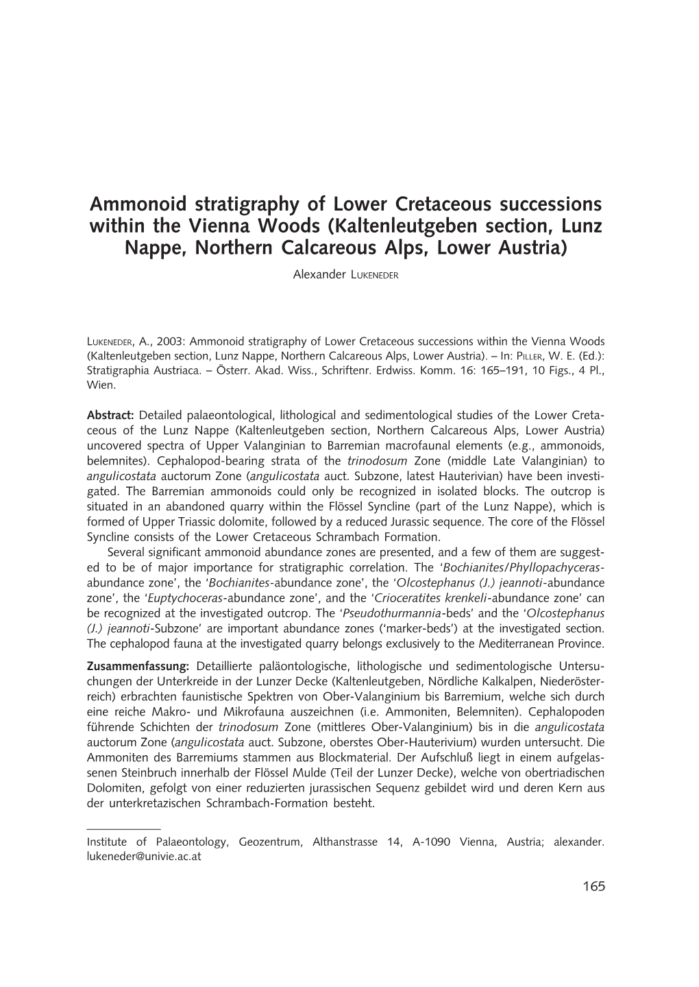 Ammonoid Stratigraphy of Lower Cretaceous Successions Within the Vienna Woods (Kaltenleutgeben Section, Lunz Nappe, Northern Calcareous Alps, Lower Austria)