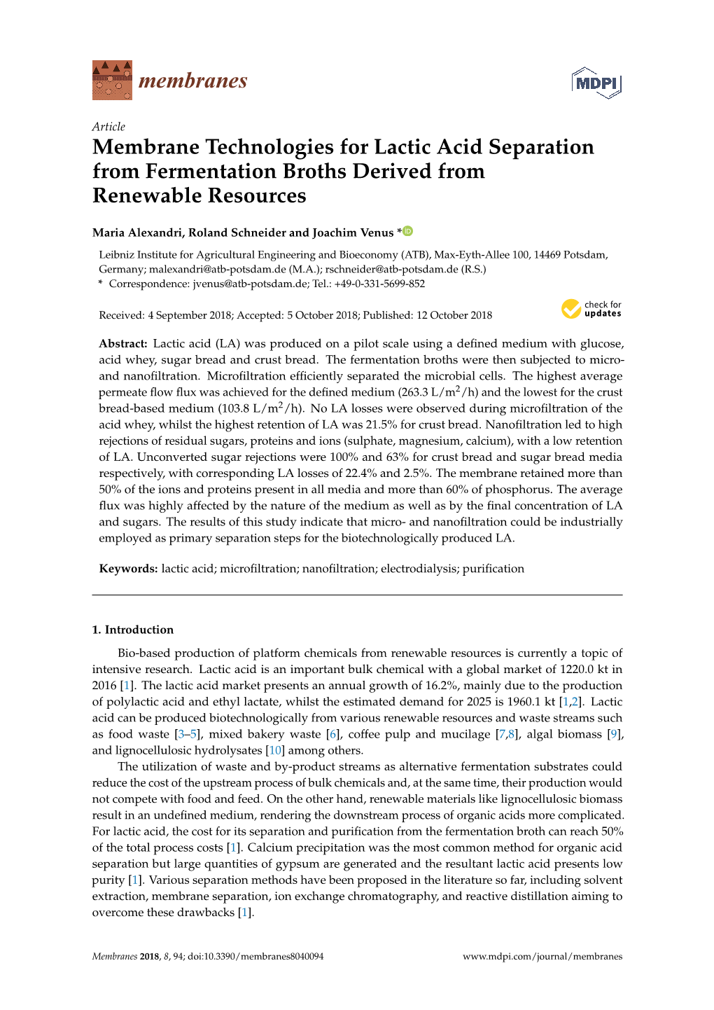 Membrane Technologies for Lactic Acid Separation from Fermentation Broths Derived from Renewable Resources