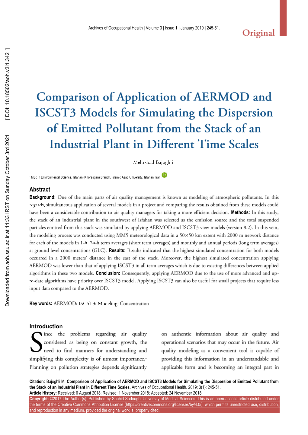 Comparison of Application of AERMOD and ISCST3 Models For
