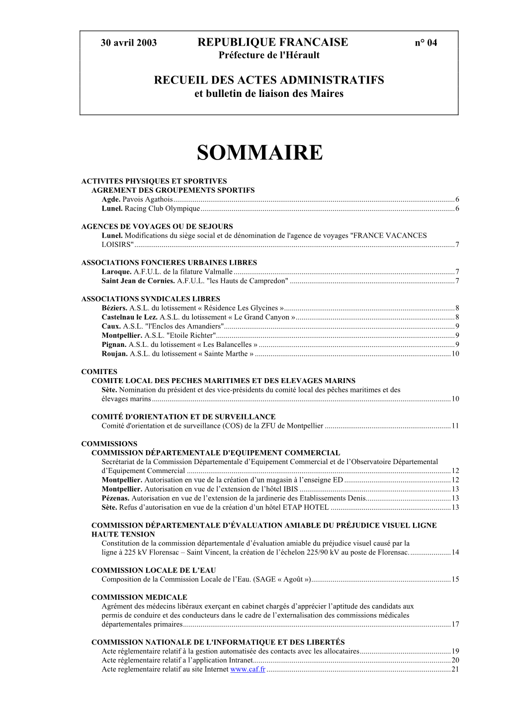 30 Avril 2003 REPUBLIQUE FRANCAISE N° 04 Préfecture De L'hérault