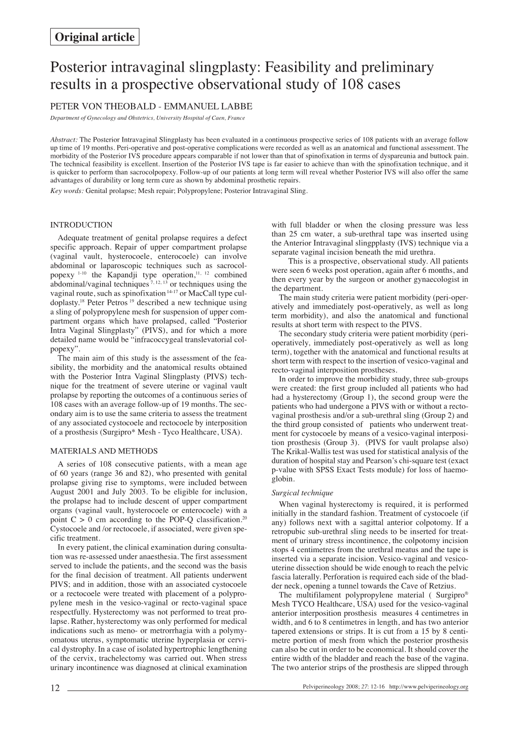 Posterior Intravaginal Slingplasty