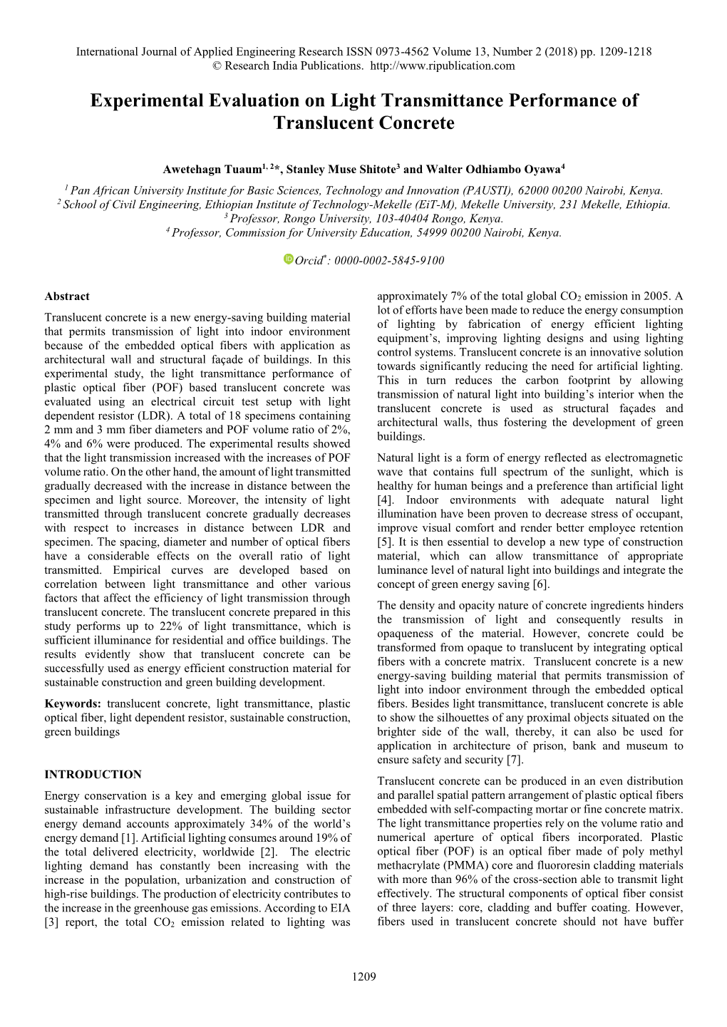 Experimental Evaluation on Light Transmittance Performance of Translucent Concrete