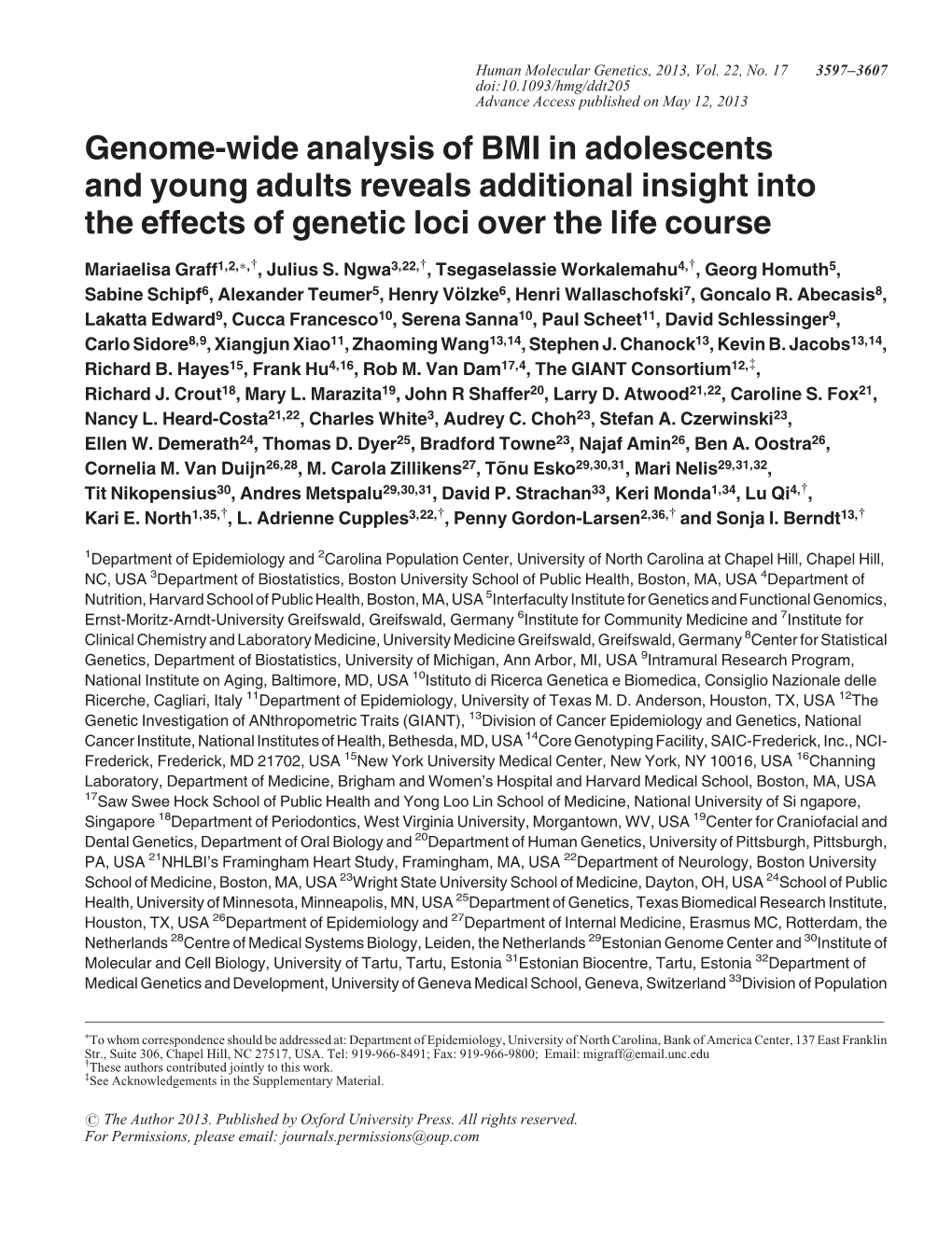 Genome-Wide Analysis of BMI in Adolescents and Young Adults Reveals Additional Insight Into the Effects of Genetic Loci Over the Life Course