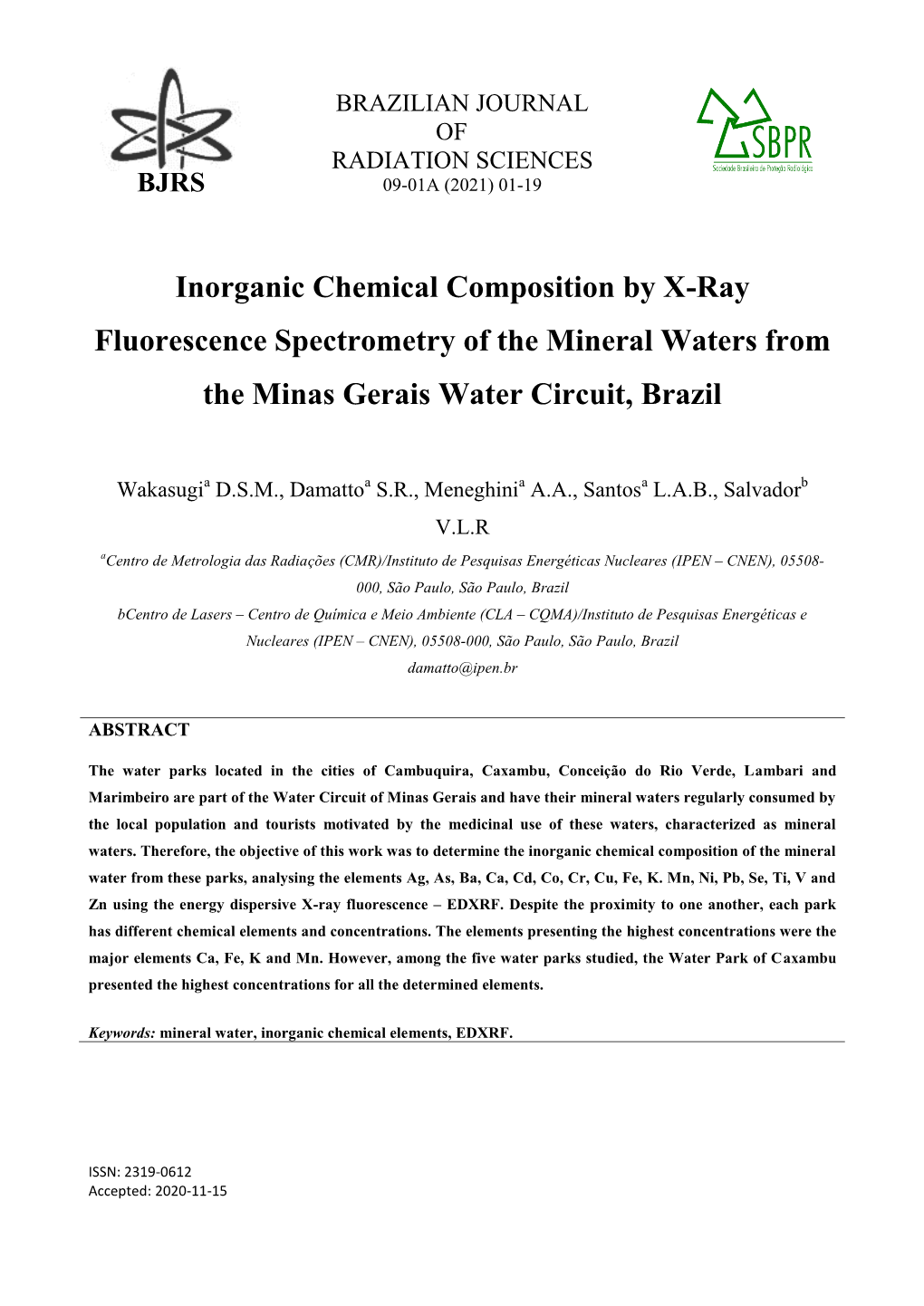 Inorganic Chemical Composition by X-Ray Fluorescence Spectrometry of the Mineral Waters from the Minas Gerais Water Circuit, Brazil