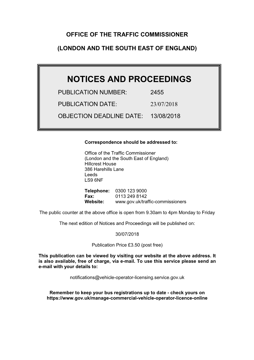 Notices and Proceedings for London and the South East of England