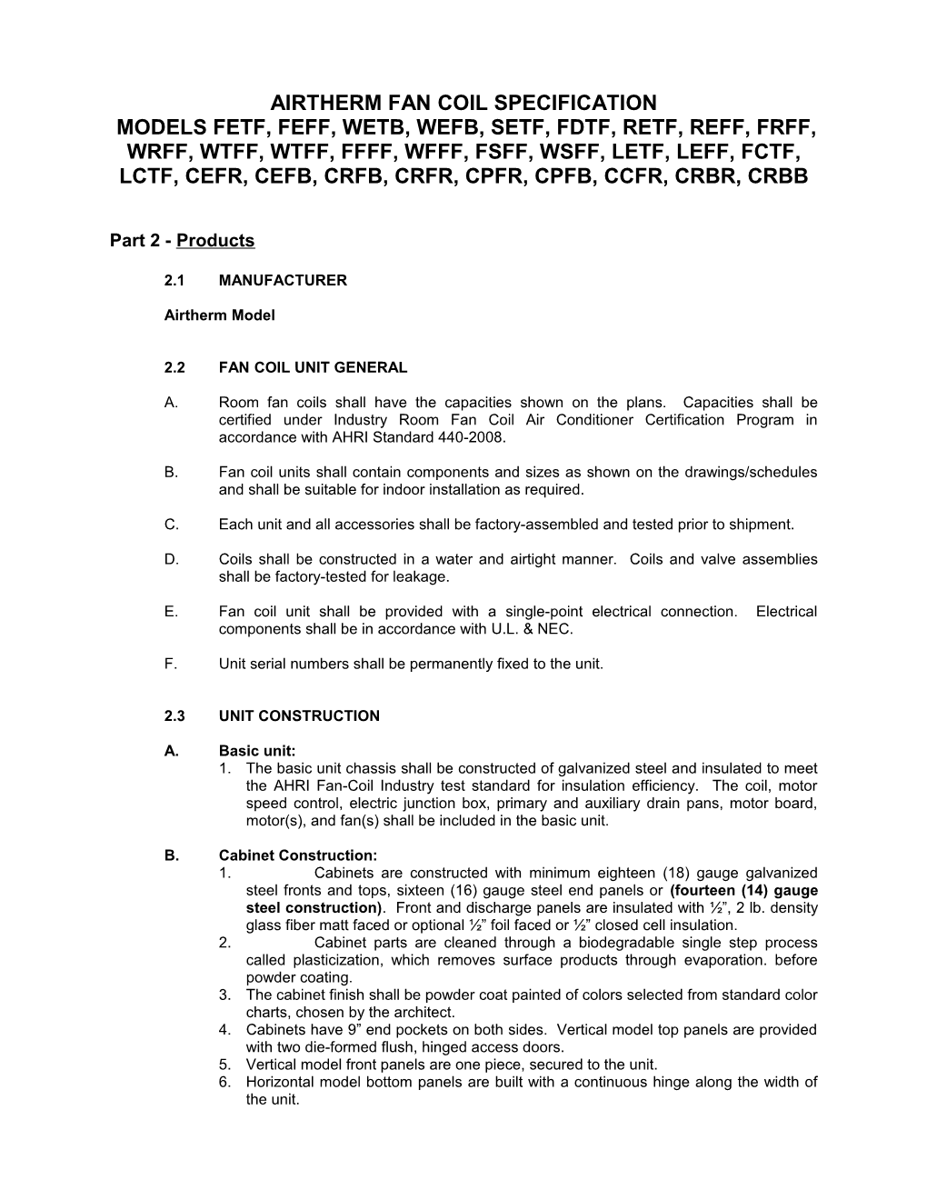 Airtherm Fan Coil Specification