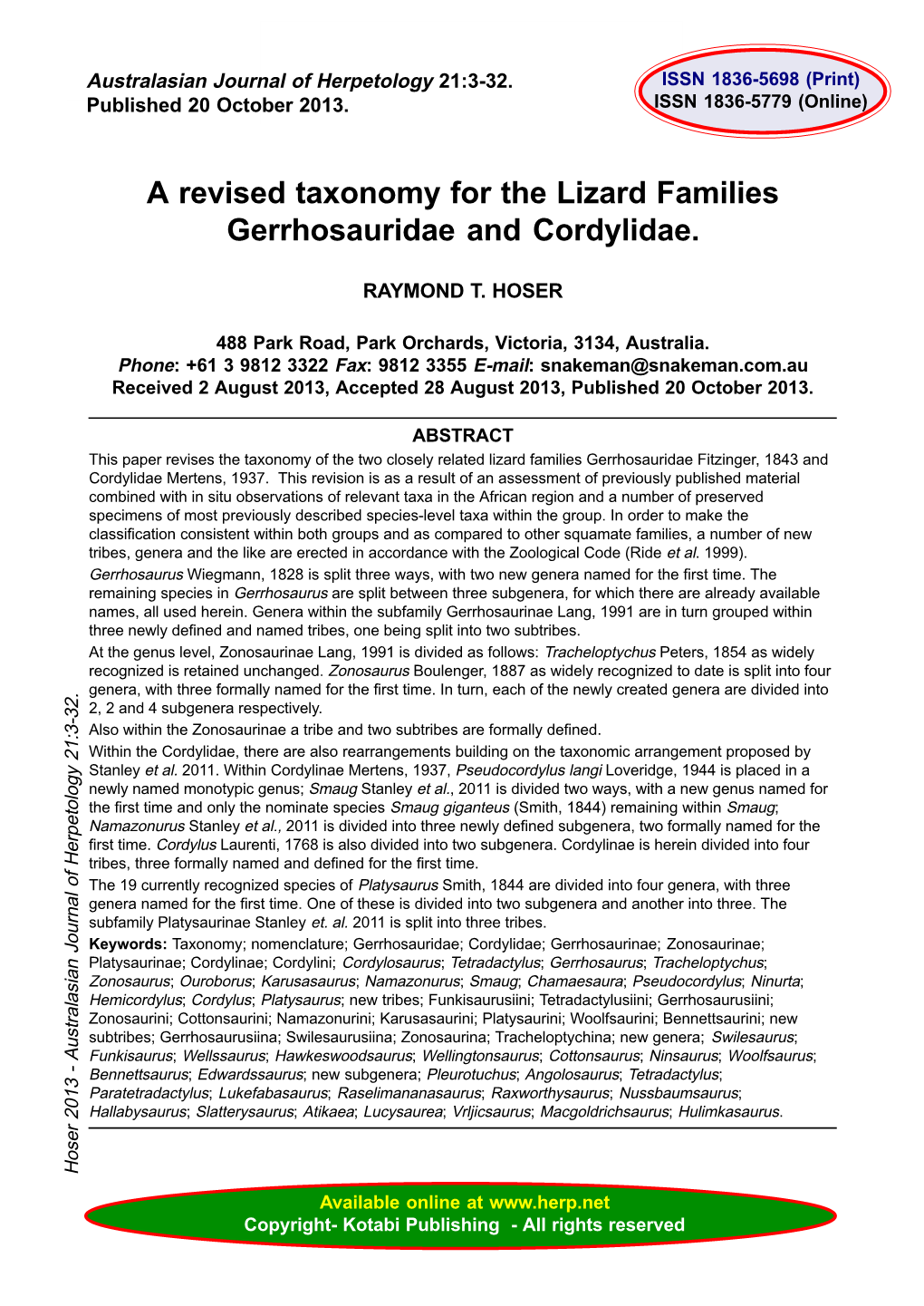 A Revised Taxonomy for the Lizard Families Gerrhosauridae and Cordylidae