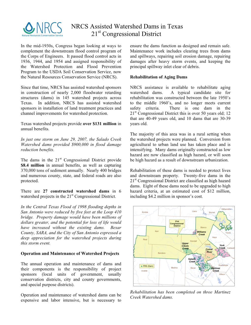 NRCS Assisted Watershed Dams in Texas 21St Congressional District