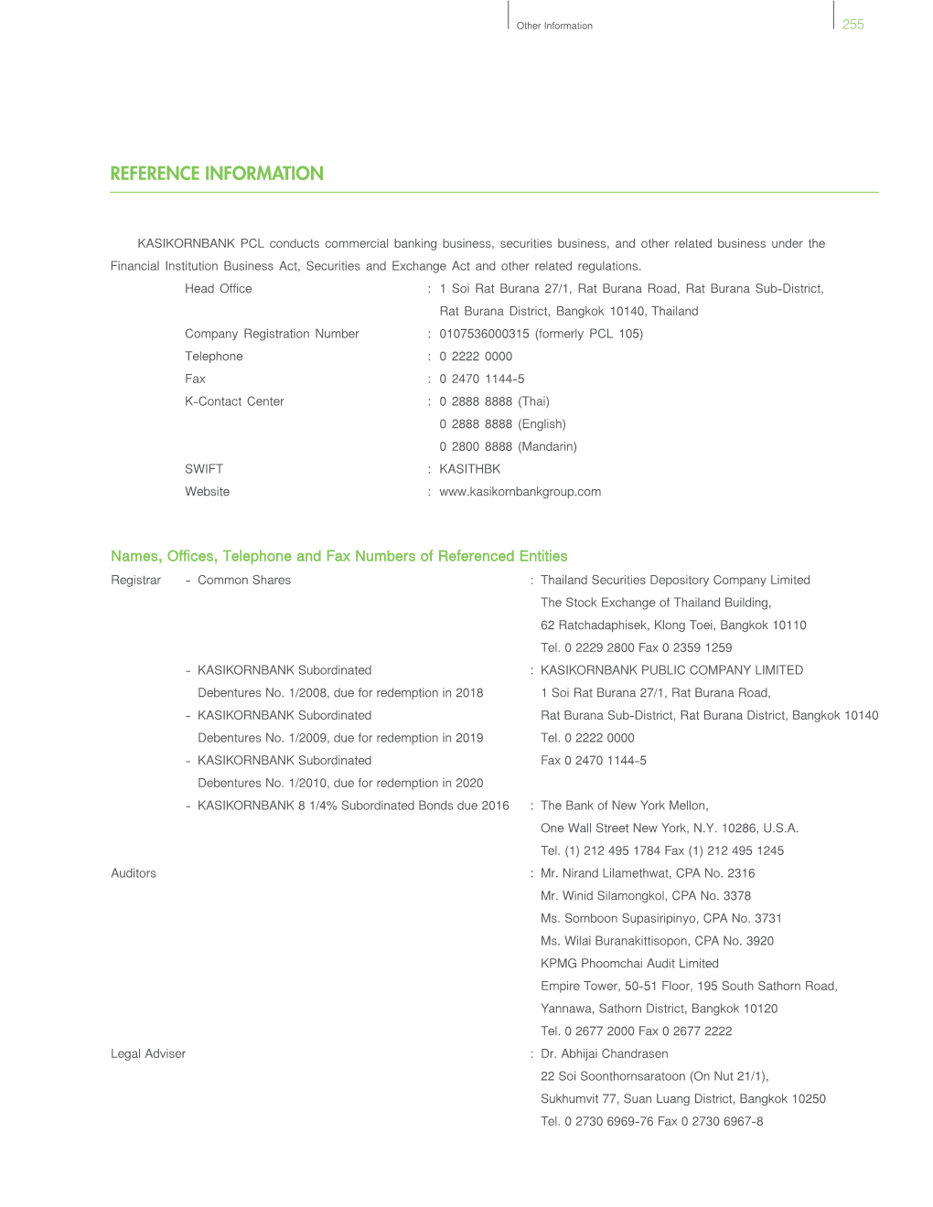 Names, Offices, Telephone and Fax Numbers of Referenced Entities