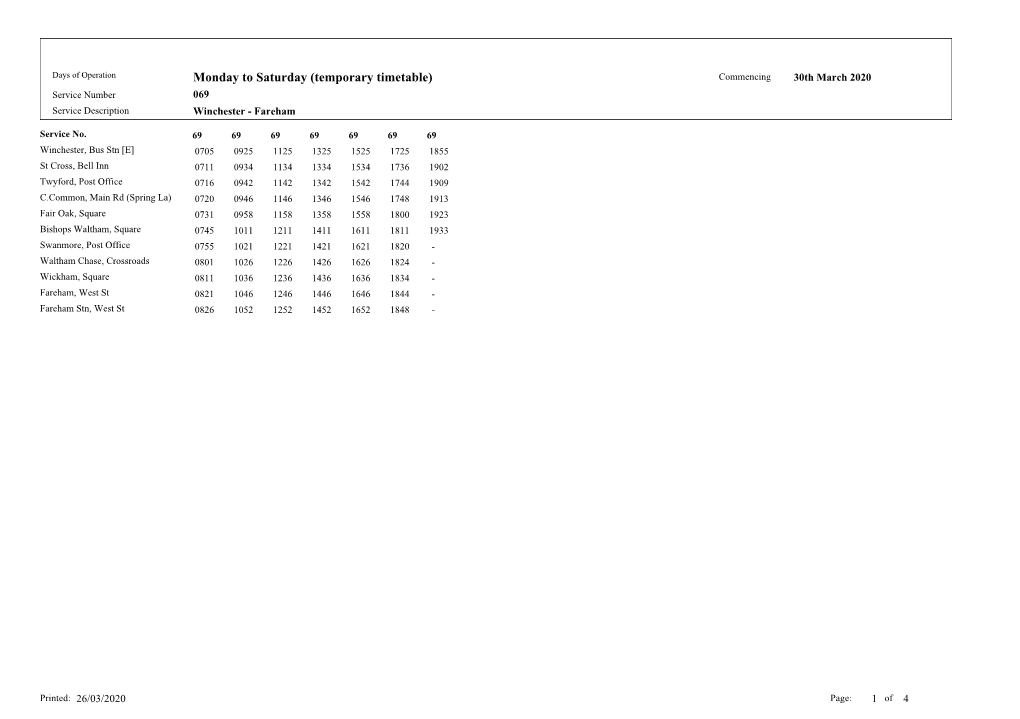 Temporary Timetable) Commencing 30Th March 2020 Service Number 069 Service Description Winchester - Fareham