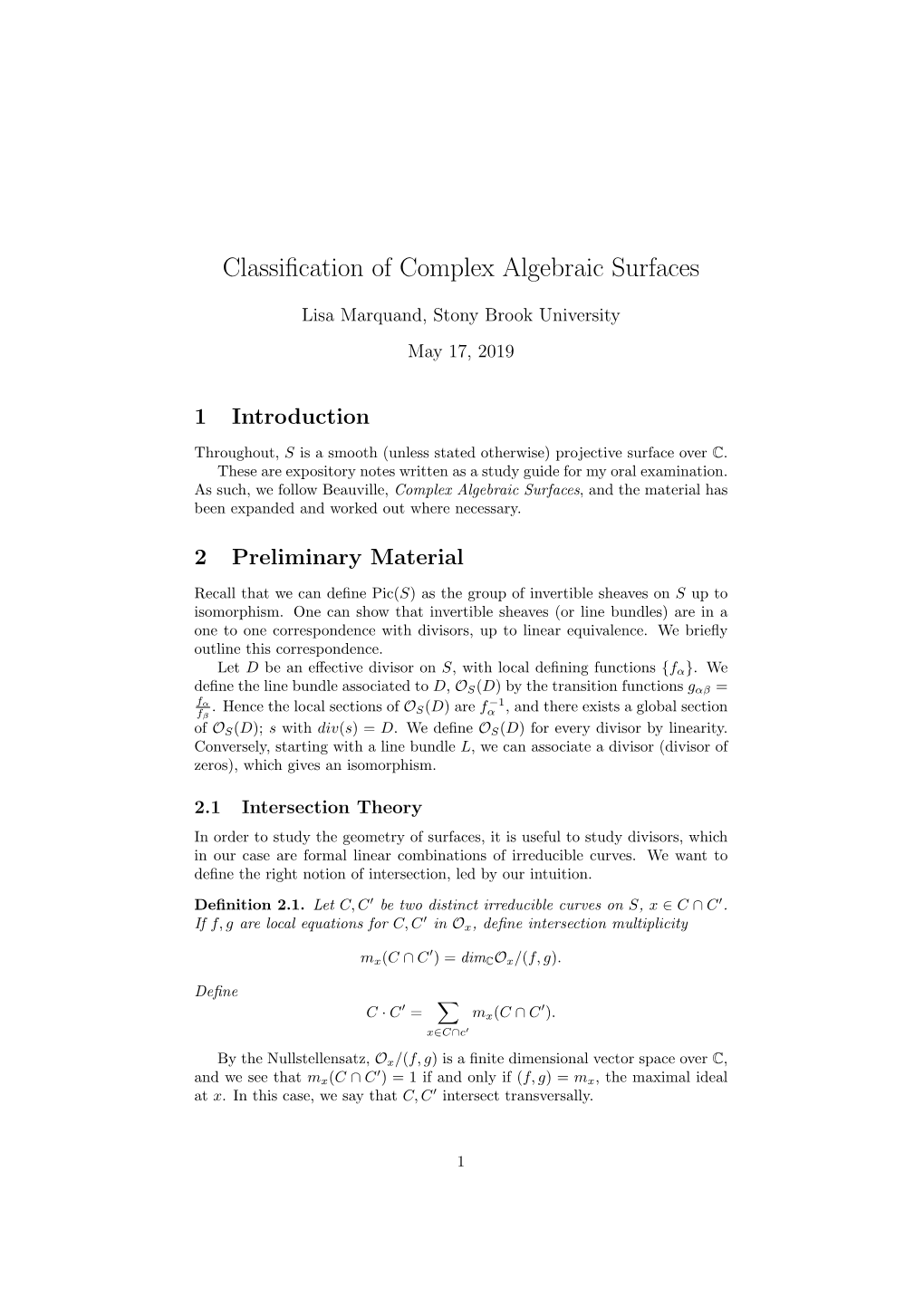 Classification of Complex Algebraic Surfaces