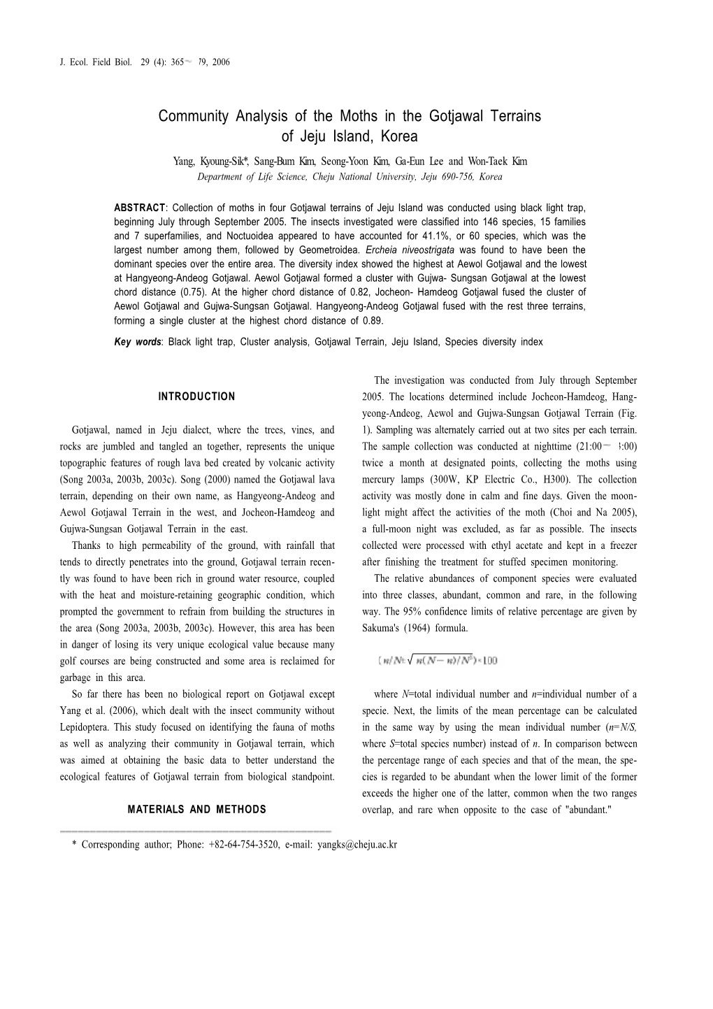 Community Analysis of the Moths in the Gotjawal Terrains of Jeju Island