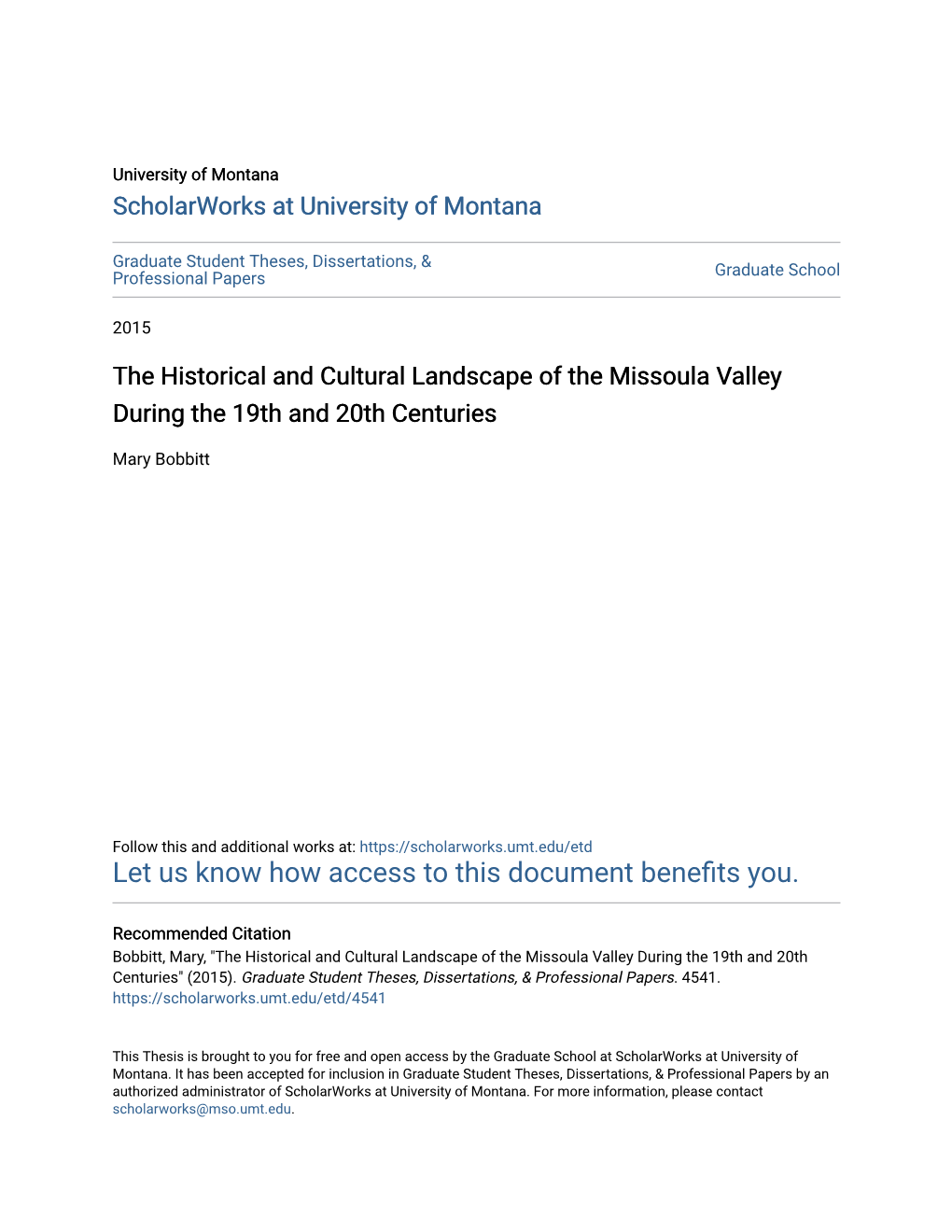 The Historical and Cultural Landscape of the Missoula Valley During the 19Th and 20Th Centuries