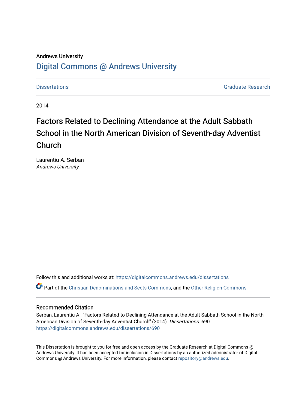 Factors Related to Declining Attendance at the Adult Sabbath School in the North American Division of Seventh-Day Adventist Church