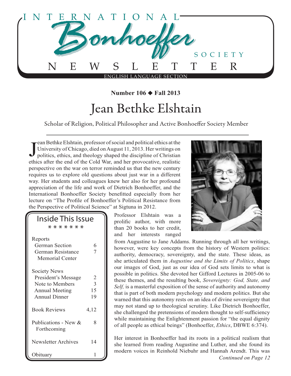 Jean Bethke Elshtain Scholar of Religion, Political Philosopher and Active Bonhoeffer Society Member