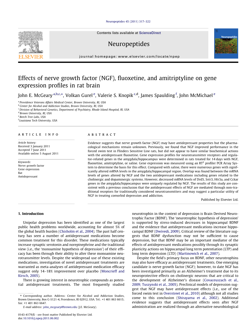 Effects of Nerve Growth Factor (NGF), ﬂuoxetine, and Amitriptyline on Gene Expression Proﬁles in Rat Brain ⇑ John E