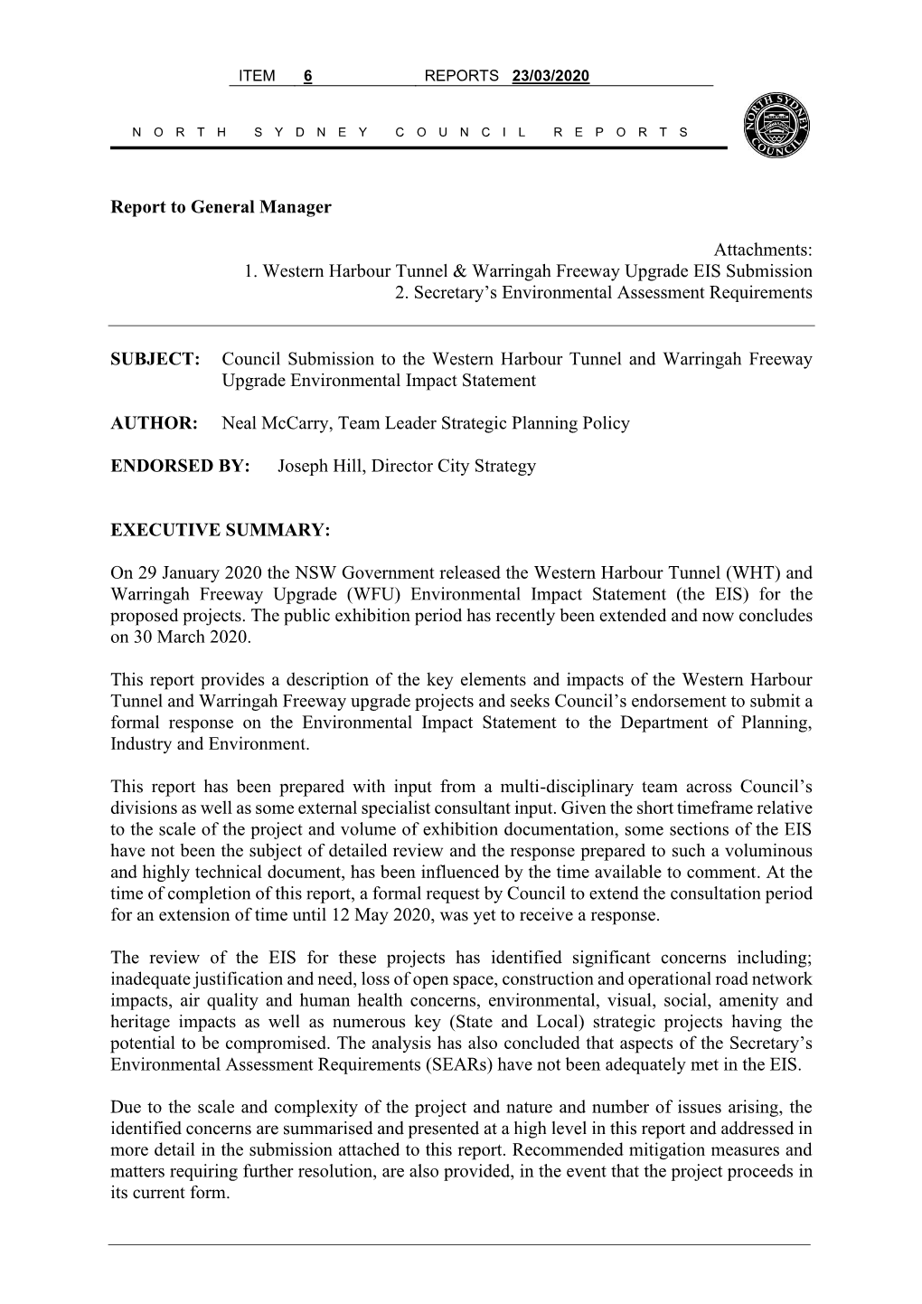 Council Submission to the Western Harbour Tunnel and Warringah Freeway Upgrade Environmental Impact Statement