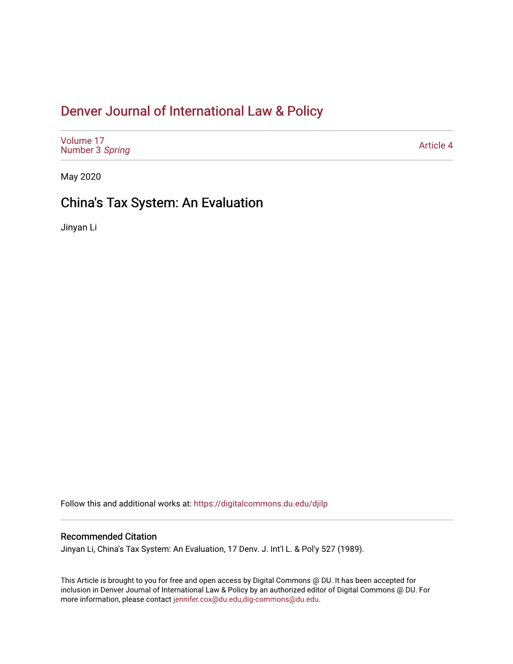 China's Tax System: an Evaluation