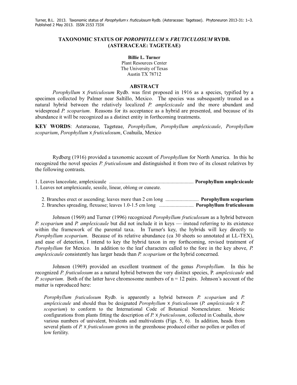 Taxonomic Status of Porophyllum X Fruticulosum Rydb