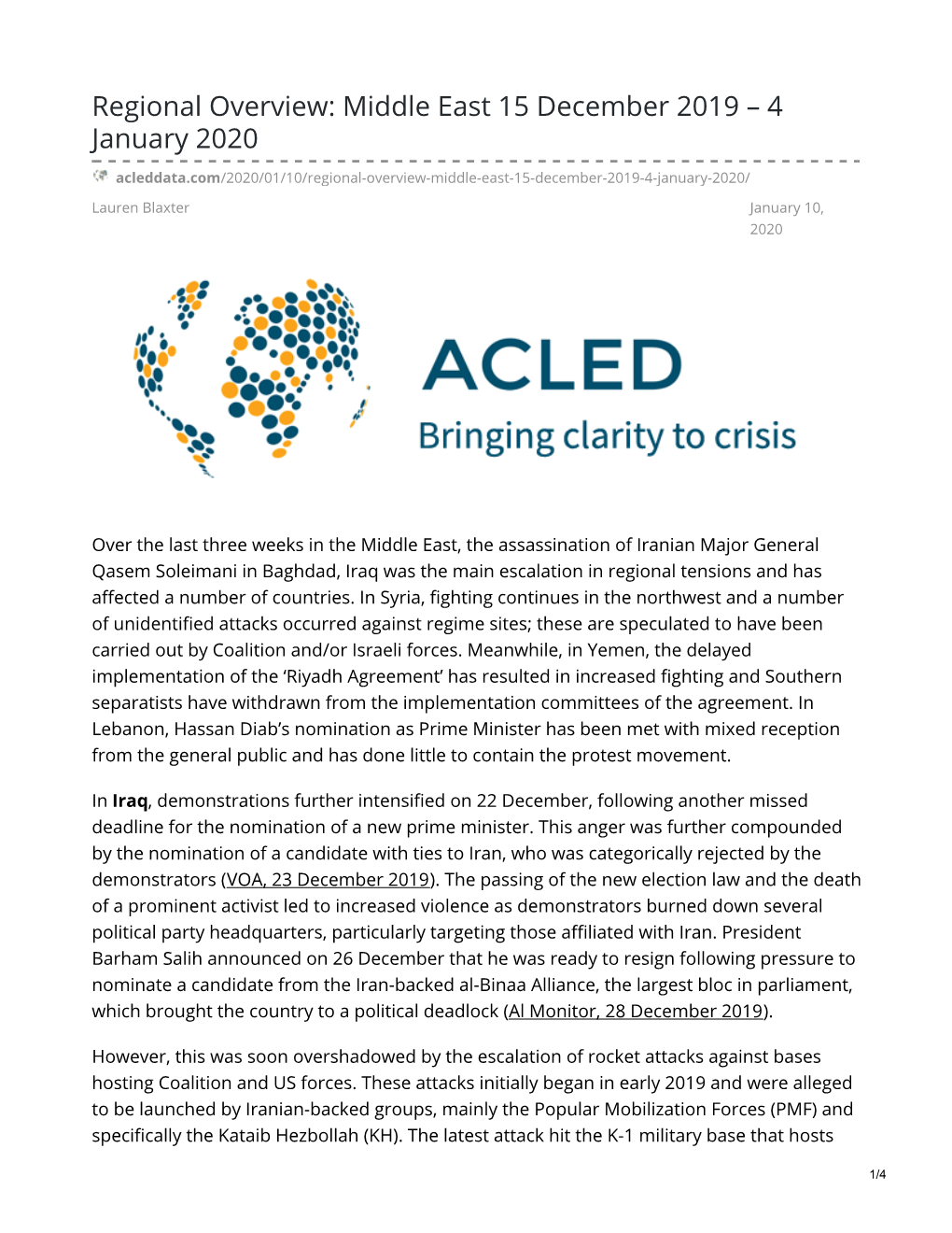 Regional Overview: Middle East 15 December 2019 – 4 January 2020