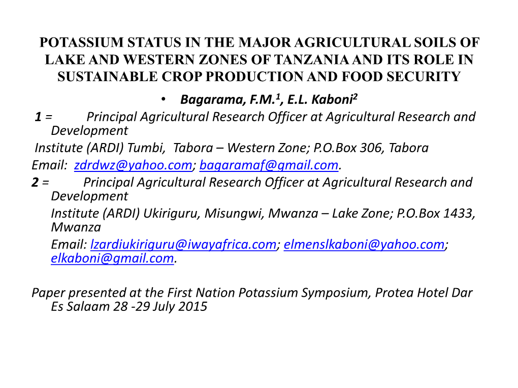 Potassium Status in the Major Agricultural Soils of Lake