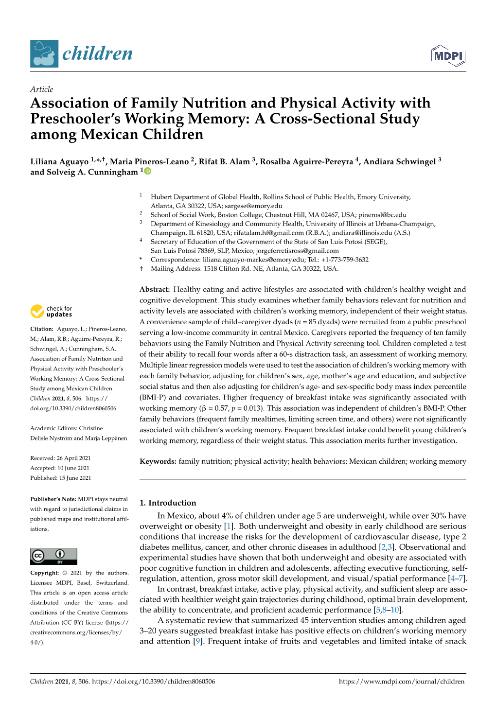 Association of Family Nutrition and Physical Activity with Preschooler's Working Memory