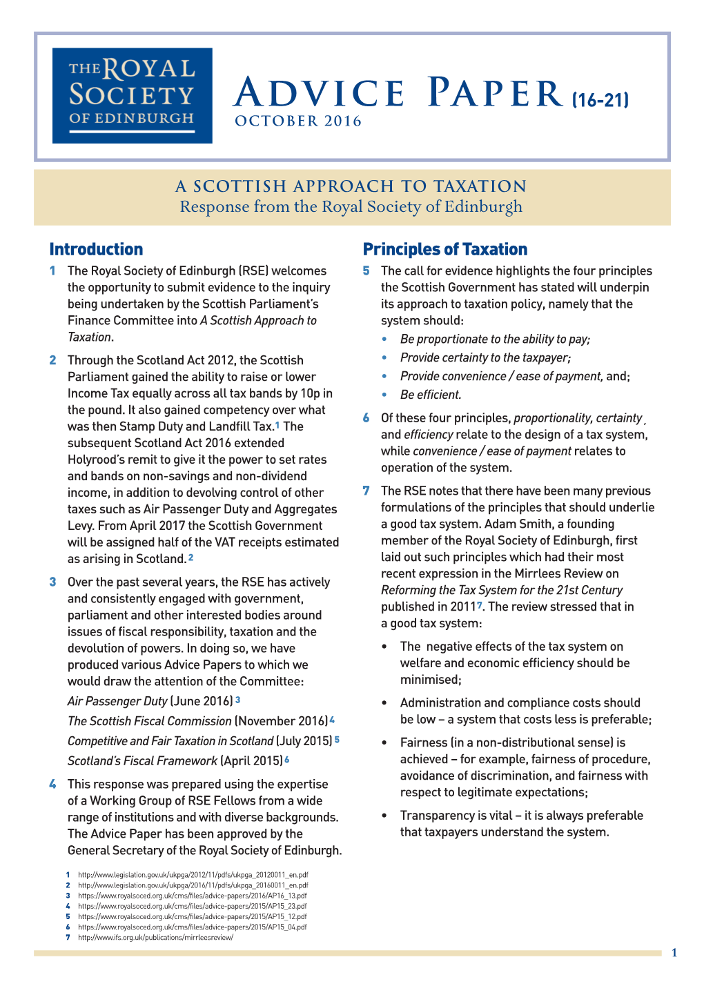 A Scottish Approach to Taxation Response from the Royal Society of Edinburgh