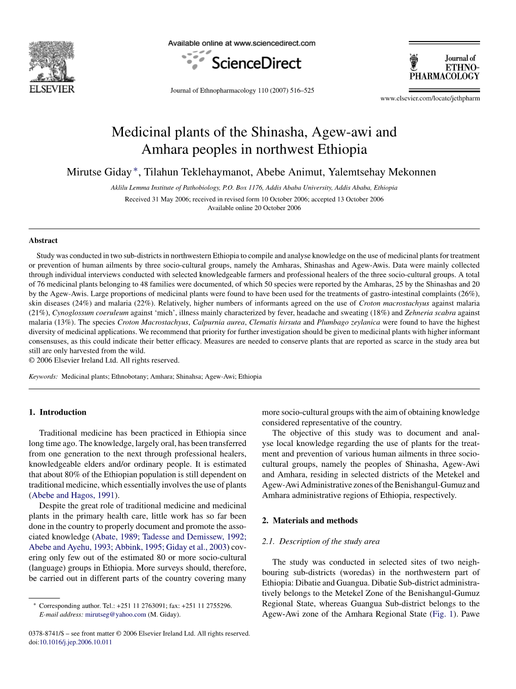 Medicinal Plants of the Shinasha, Agew-Awi and Amhara Peoples In