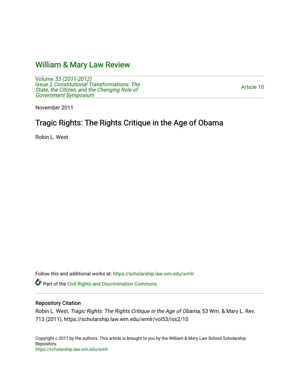 Tragic Rights: the Rights Critique in the Age of Obama