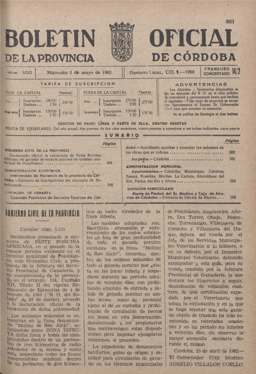 OFICIAL DE LA PPOVINCIA DE CÓRDOBA FRANQUEO Rn 1 00 Mi&Coles 2 E Mayo De 1962 DEPÓSITO LEGAL, CO