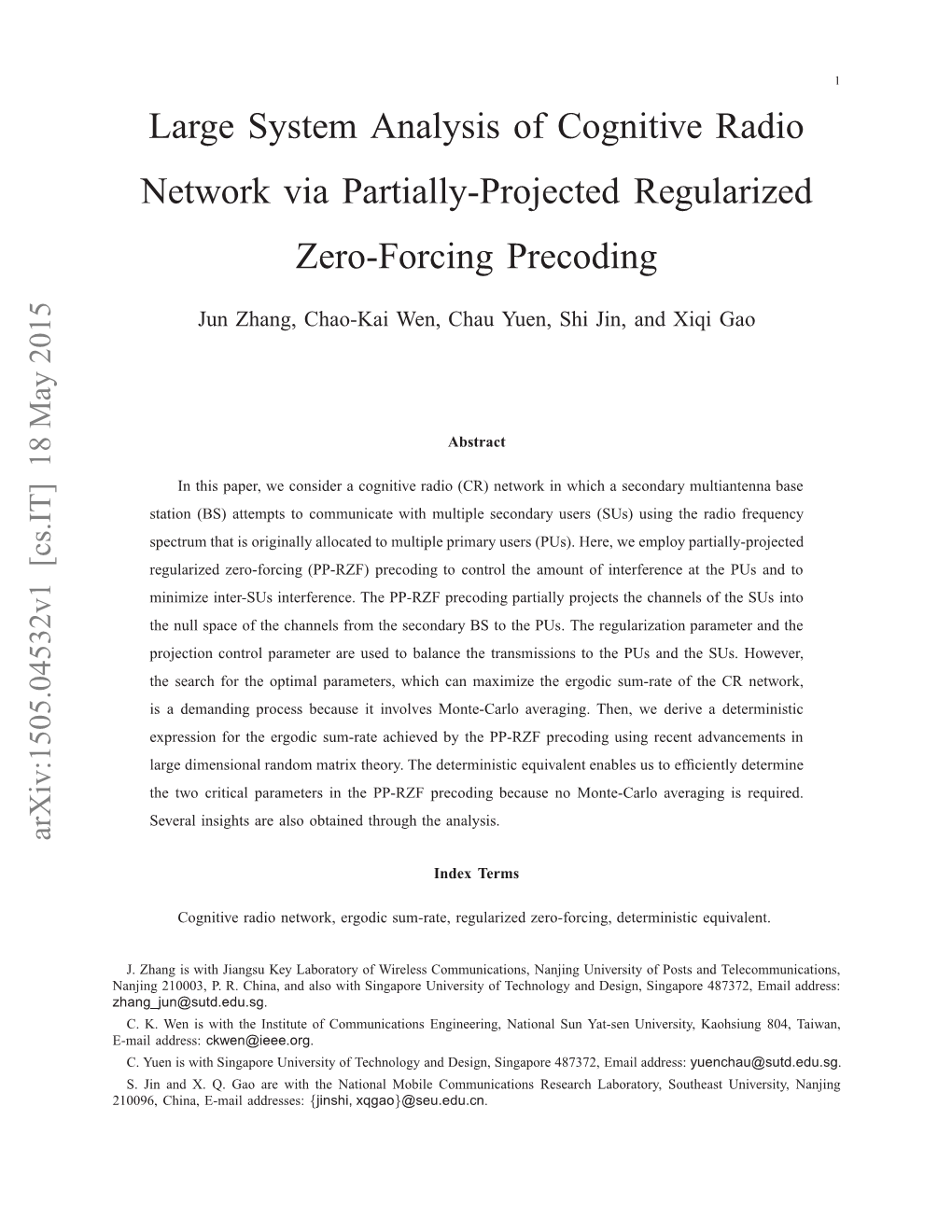 Large System Analysis of Cognitive Radio Network Via Partially