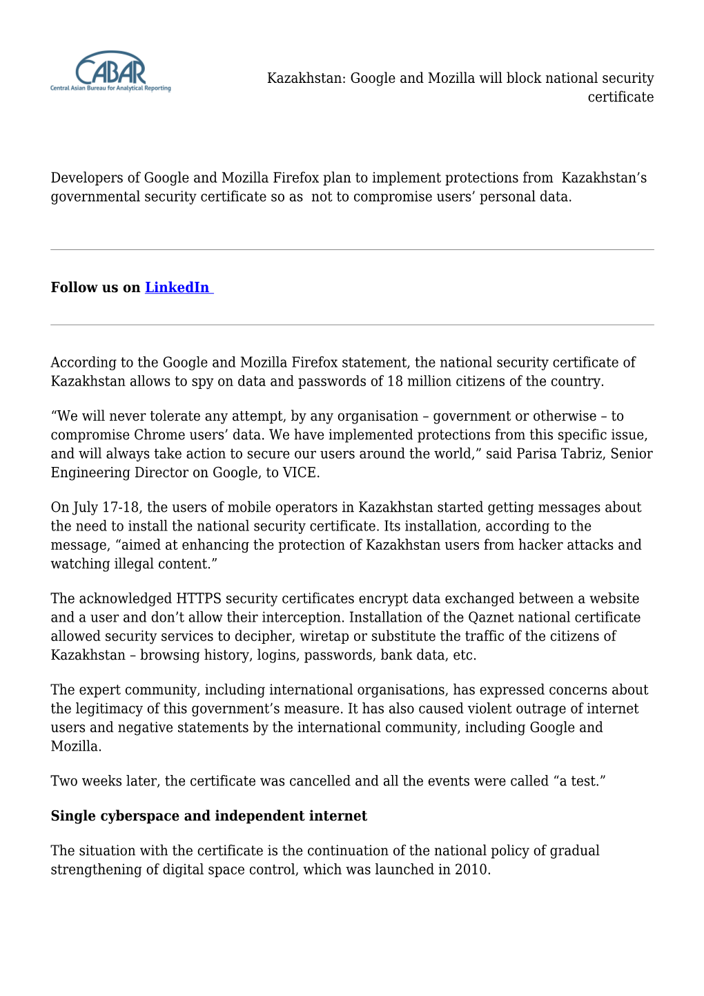 Kazakhstan: Google and Mozilla Will Block National Security Certificate