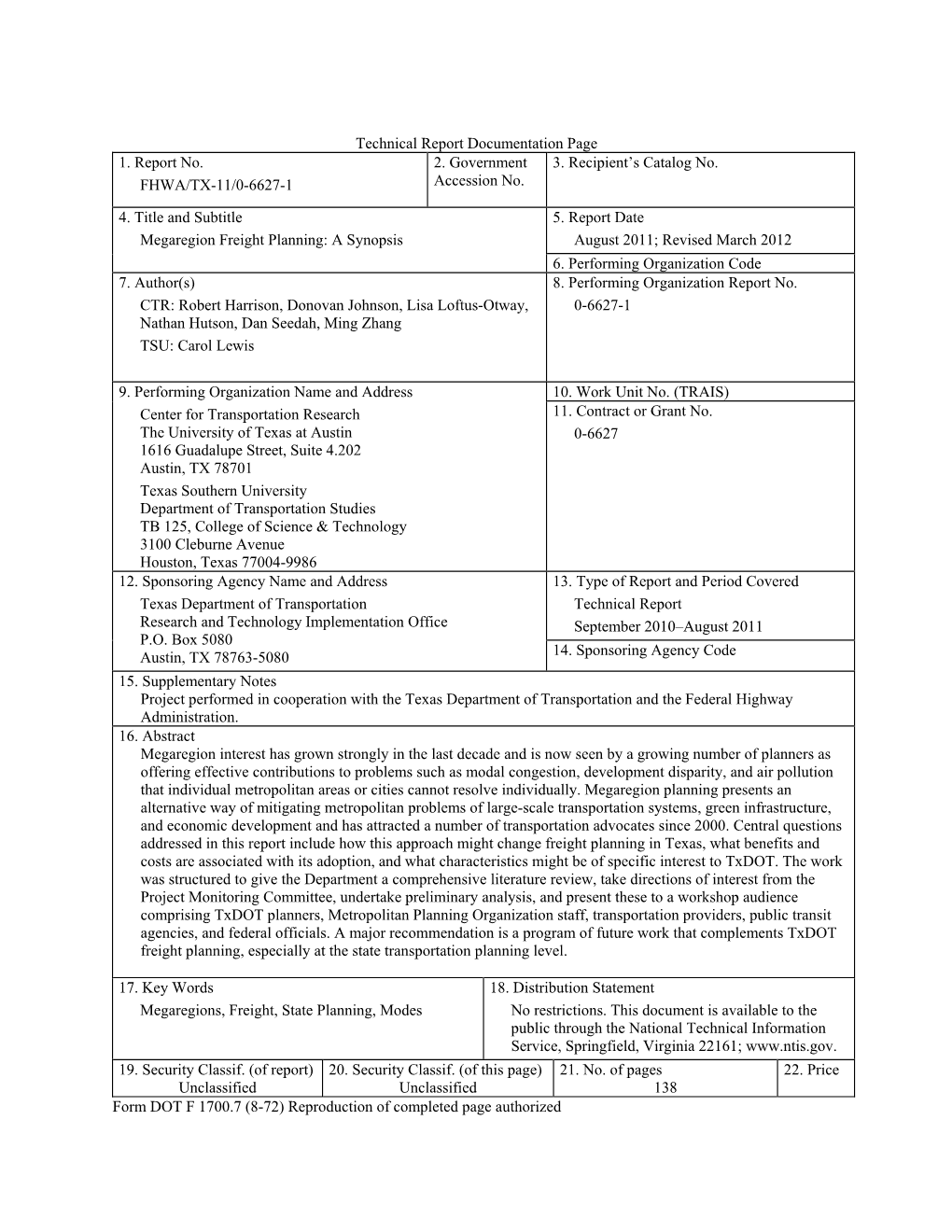 Megaregion Freight Planning: a Synopsis August 2011; Revised March 2012 6