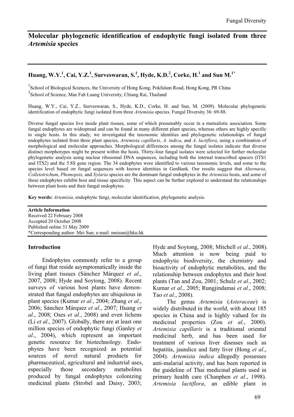 Molecular Phylogenetic Identification of Endophytic Fungi Isolated from Three Artemisia Species