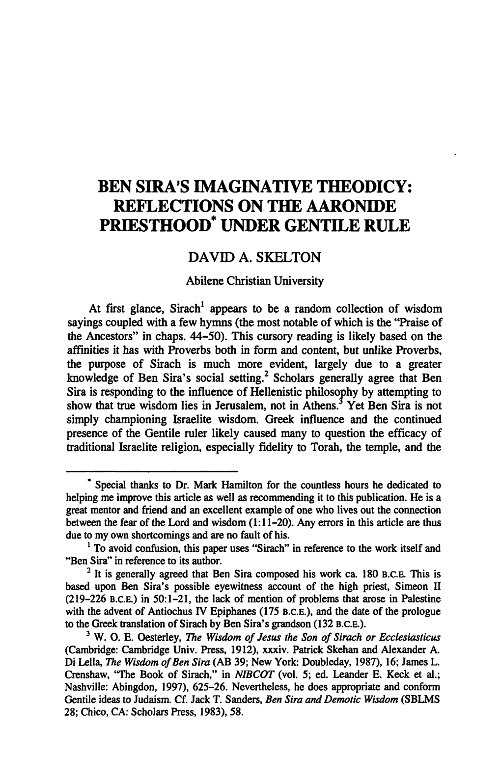 Ben Sira's Imaginative Theodicy: Reflections on the Aaronide Priesthood* Under Gentile Rule