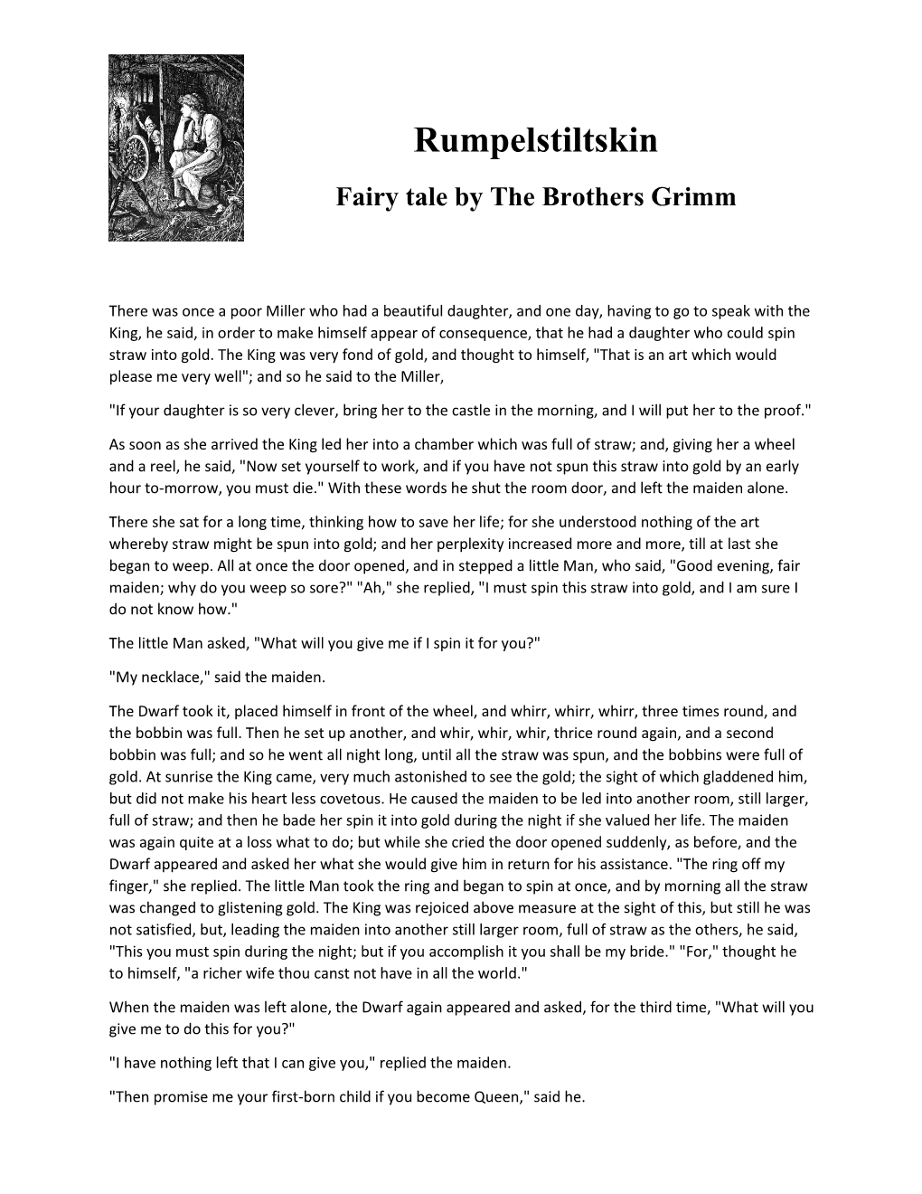 Rumpelstiltskin Fairy Tale by the Brothers Grimm