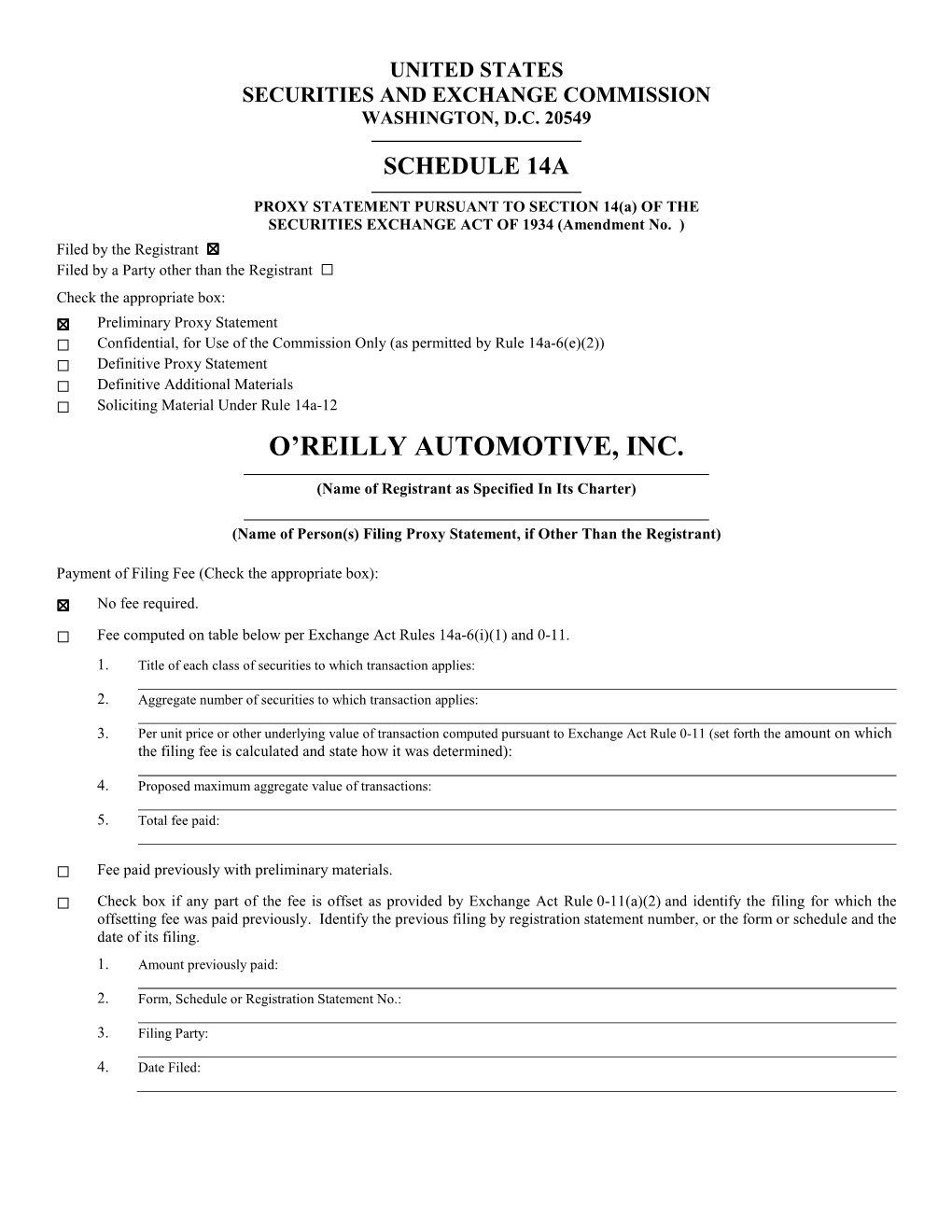 O'reilly Automotive, Inc. 2020 Preliminary Proxy Statement.Pdf