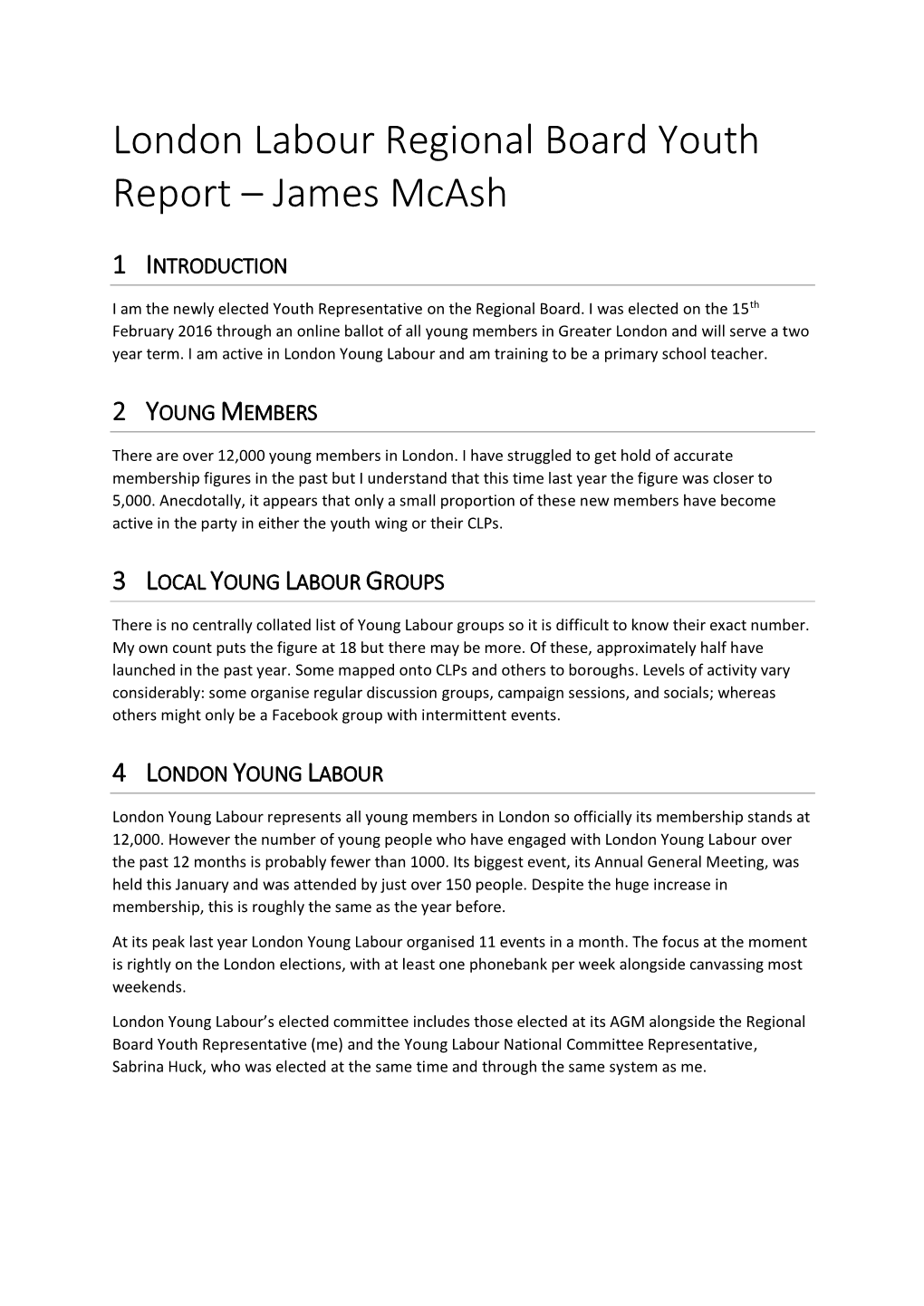 London Labour Regional Board Youth Report – James Mcash
