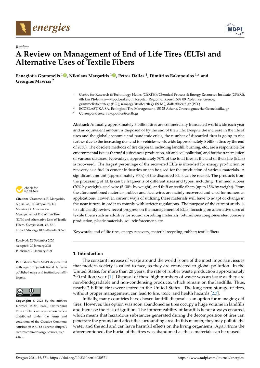 A Review on Management of End of Life Tires (Elts) and Alternative Uses of Textile Fibers