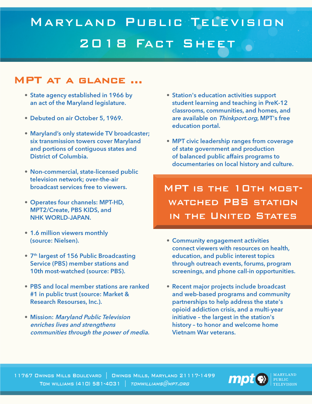 Maryland Public Television 2018 Fact Sheet