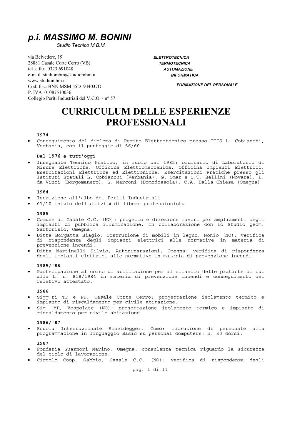 Curriculum Delle Esperienze Professionali