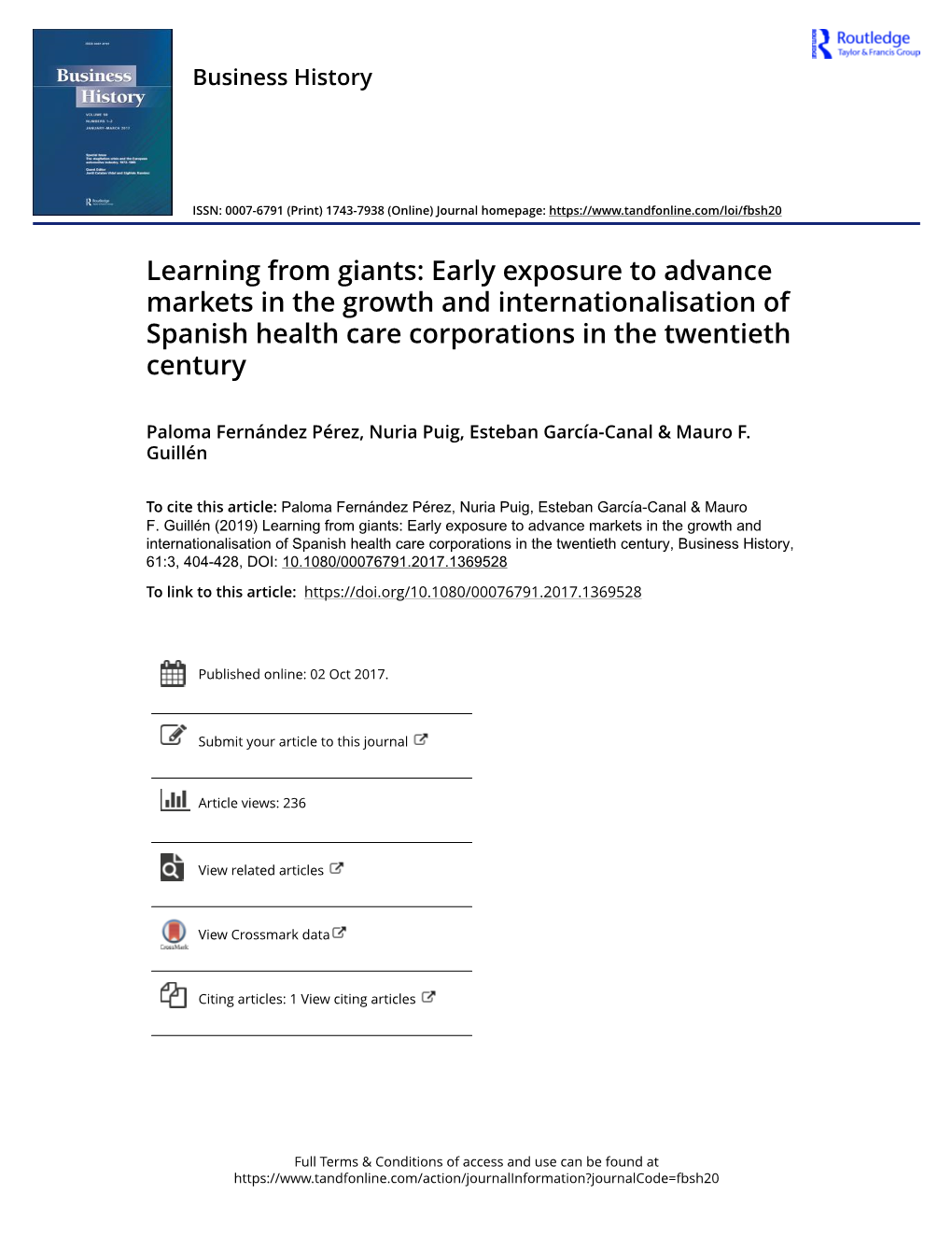 Learning from Giants: Early Exposure to Advance Markets in the Growth and Internationalisation of Spanish Health Care Corporations in the Twentieth Century