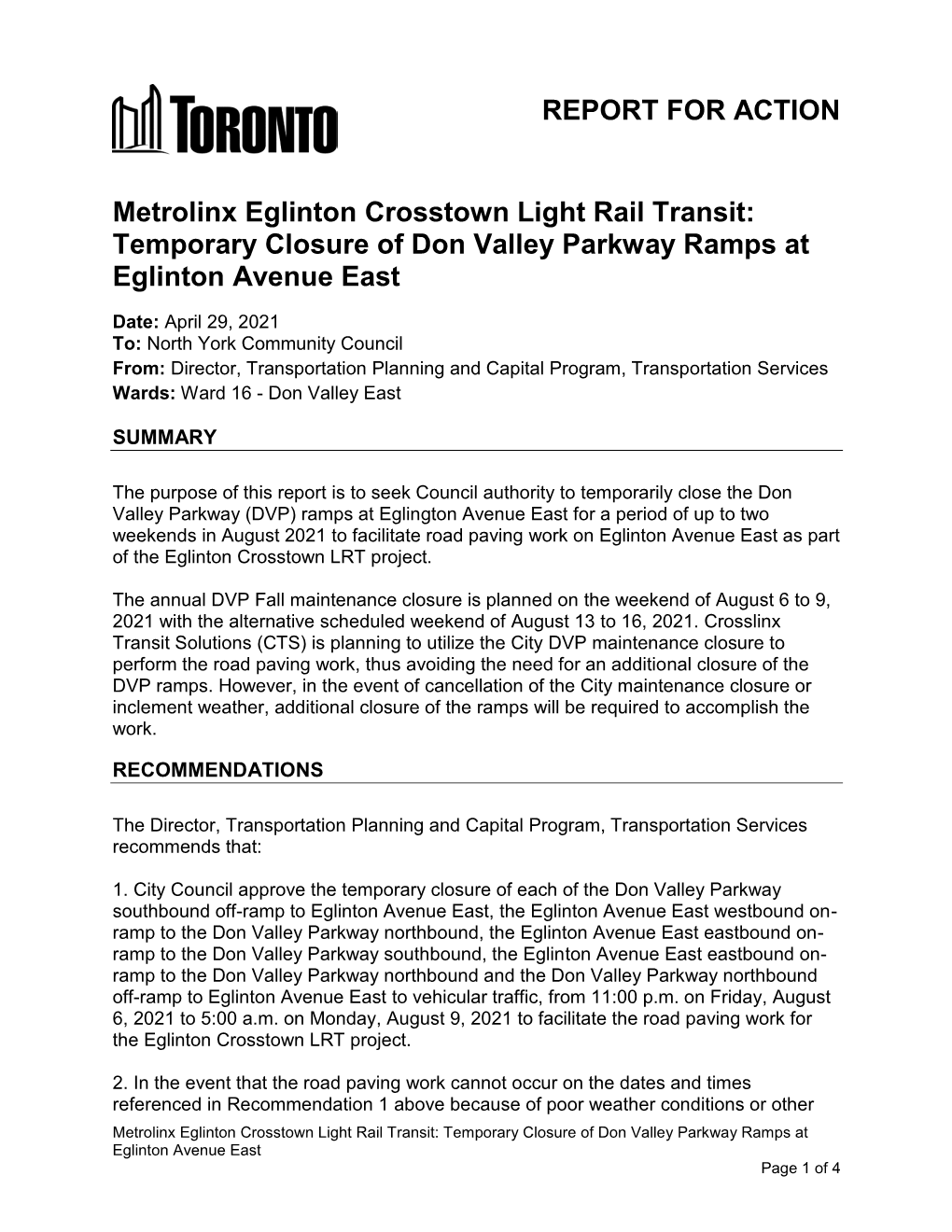Metrolinx Eglinton Crosstown Light Rail Transit: Temporary Closure of Don Valley Parkway Ramps at Eglinton Avenue East