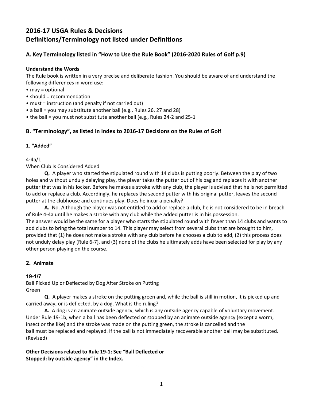 2016-17 USGA Rules & Decisions Definitions/Terminology Not Listed Under Definitions