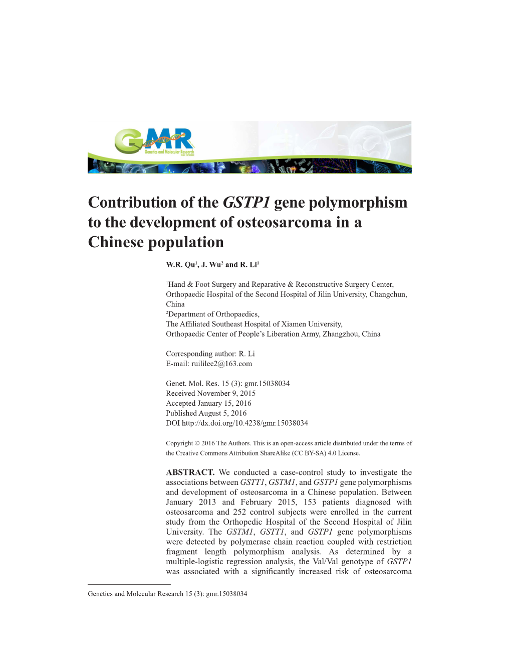 Contribution of the GSTP1 Gene Polymorphism to the Development of Osteosarcoma in a Chinese Population