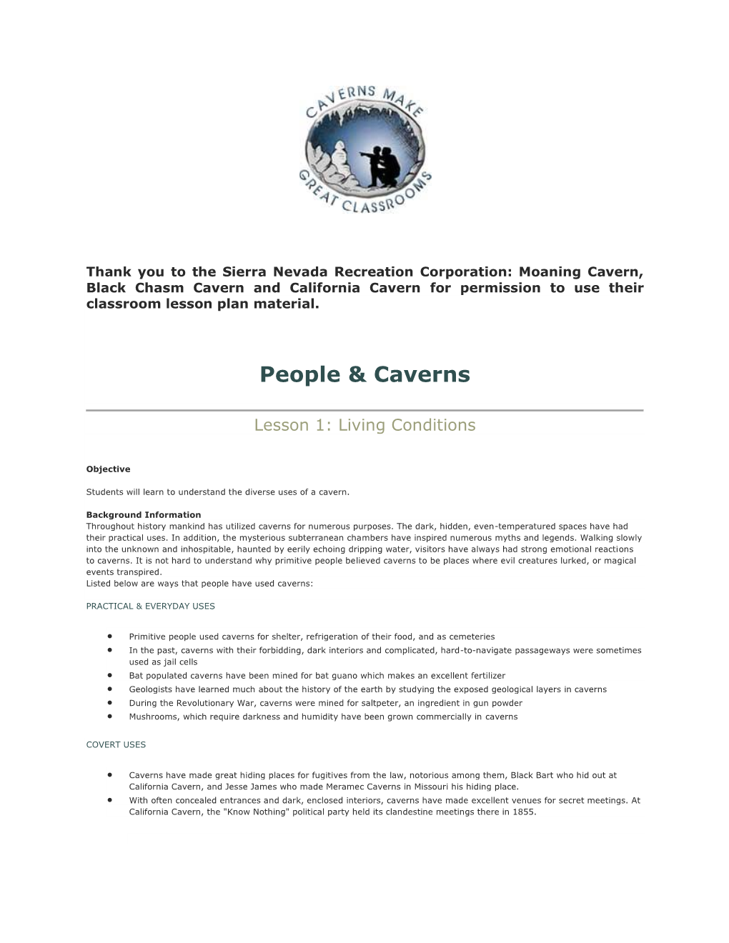 People and Caverns Lesson Plan