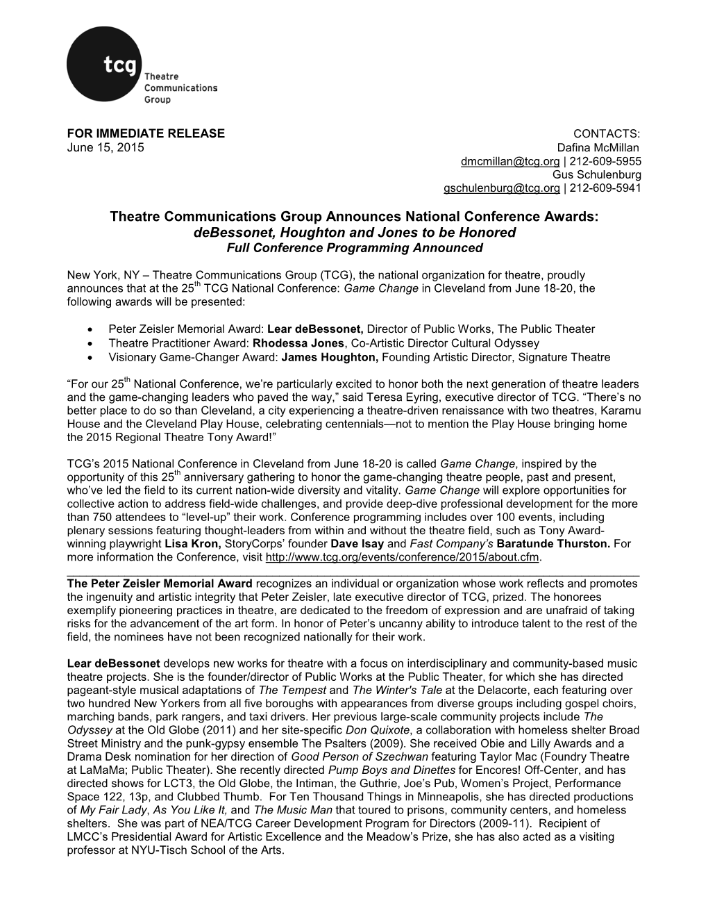 Theatre Communications Group Announces National Conference Awards: Debessonet, Houghton and Jones to Be Honored Full Conference Programming Announced