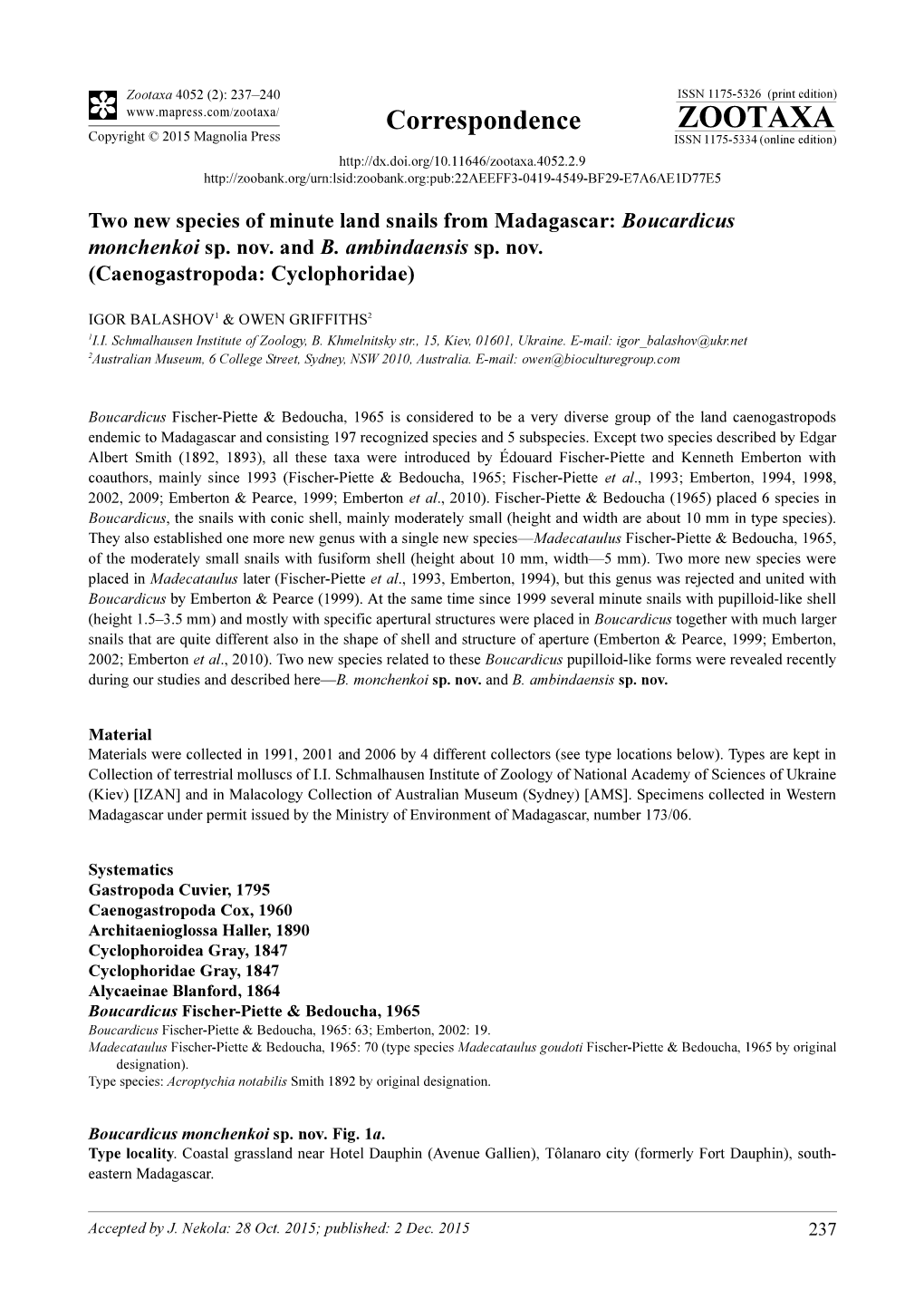 Two New Species of Minute Land Snails from Madagascar: Boucardicus Monchenkoi Sp