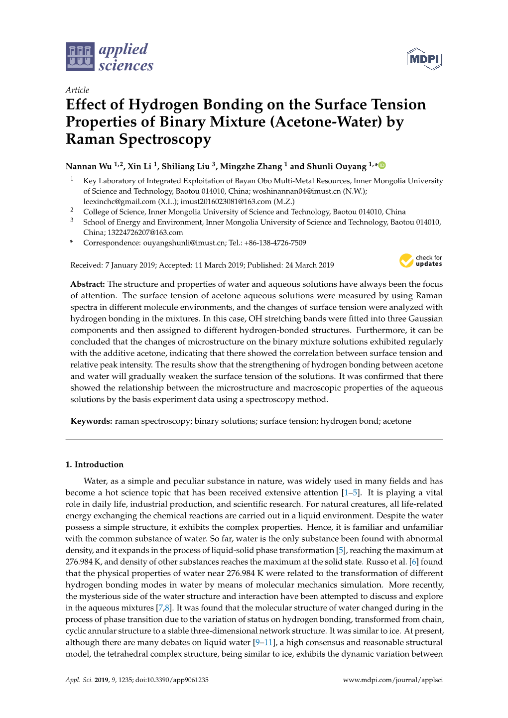 Effect of Hydrogen Bonding on the Surface Tension Properties of Binary Mixture (Acetone-Water) by Raman Spectroscopy